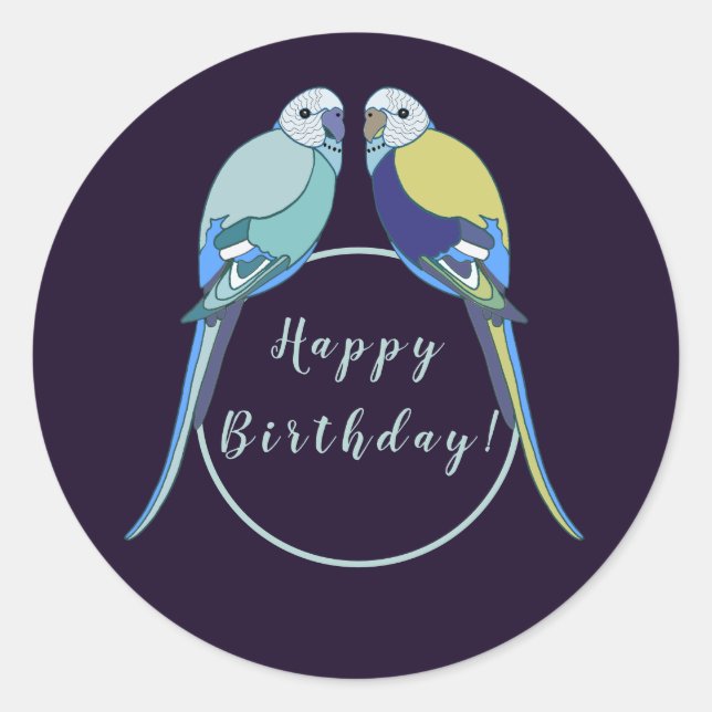 Happy birthday budgie parakeet blue yellow classic round sticker (Front)