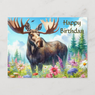Happy Birthday Bull Moose and Wildflowers Postcard
