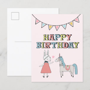Happy Birthday Bunny and Unicorn Postcard