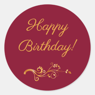 Happy Birthday burgundy gold Classic Round Sticker