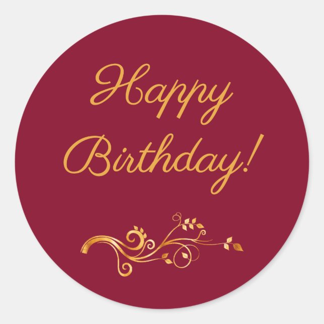 Happy Birthday burgundy gold Classic Round Sticker (Front)