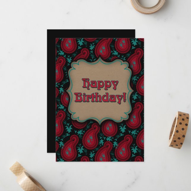 Happy Birthday Burgundy Red Paisley Card (Front/Back In Situ)