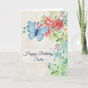 Happy Birthday, Butterfly and Flowers Card