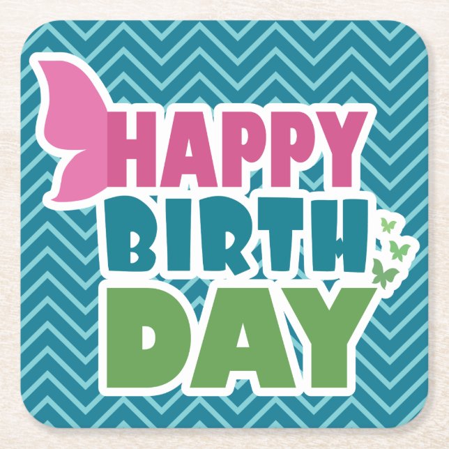 Happy birthday butterfly blue  square paper coaster (Front)