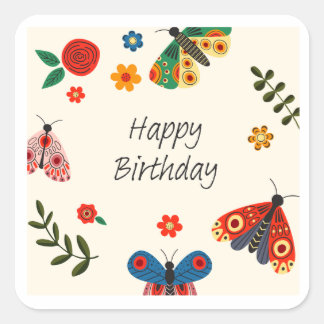 Happy Birthday Butterfly Floral Greeting Card | Square Sticker