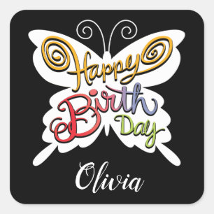  Happy Birthday Butterfly Typography Square Sticker
