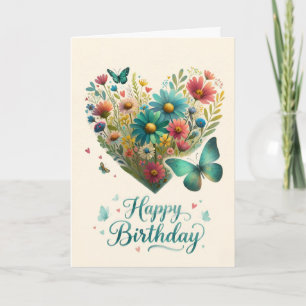 Happy Birthday Butterfly Wildflower Heart  Card