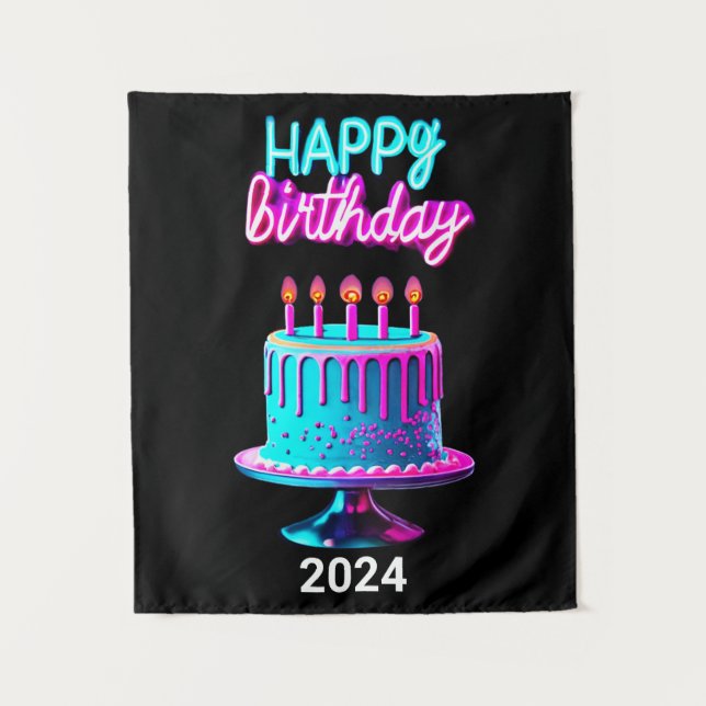 Happy Birthday Cake 2024 Bday Party Custom Neon Tapestry (Front)