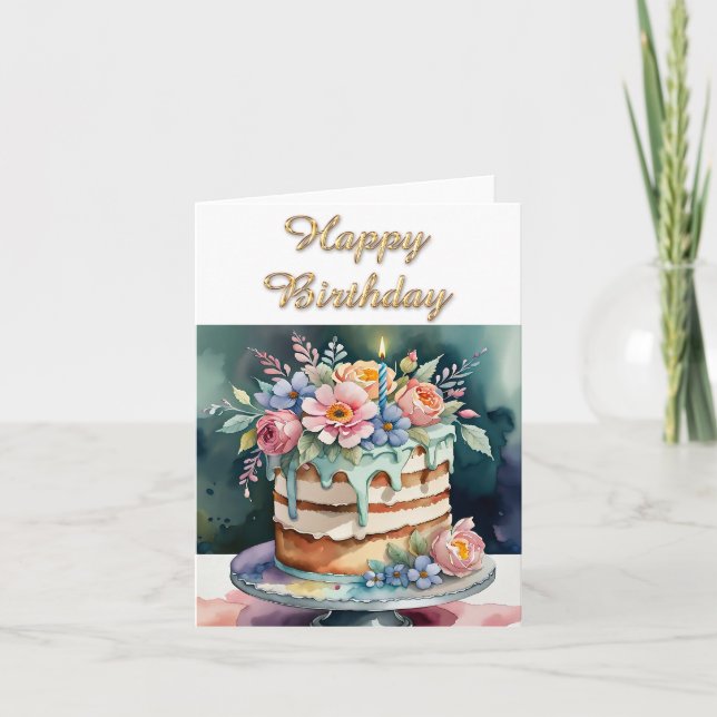 Happy Birthday Cake and Candles Greeting Card (Front)