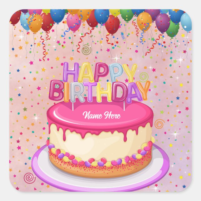 Happy Birthday Cake Balloon and Confetti  Square Sticker (Front)
