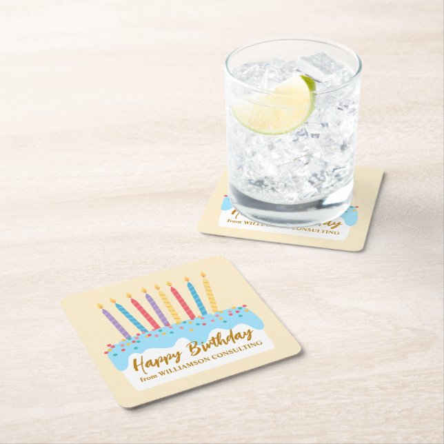 Happy Birthday Cake Chic Custom Office Party Square Paper Coaster (Insitu)