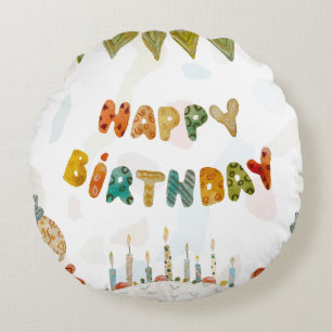 Happy Birthday cake flower cute colourful simple Round Pillow