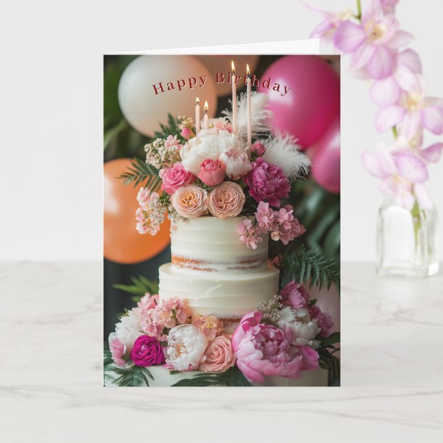 Happy Birthday Cake Pink Peonies Roses Feathers  Card (Orchid)