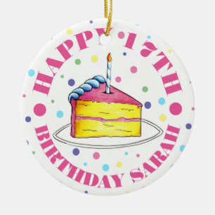 Happy Birthday Cake Slice Candle Pastel Polka Dots Ceramic Ornament
