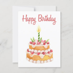 Happy Birthday Cake   Watercolor Strawberry Postcard