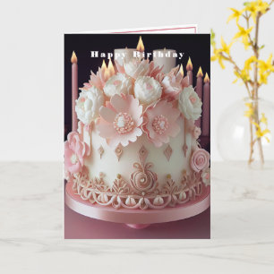 Happy Birthday Cake with Pink Candles and Flowers Card