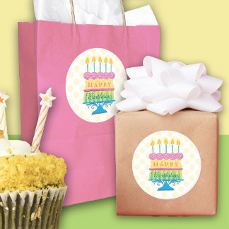Happy Birthday Cake | Yellow Dots Round Sticker