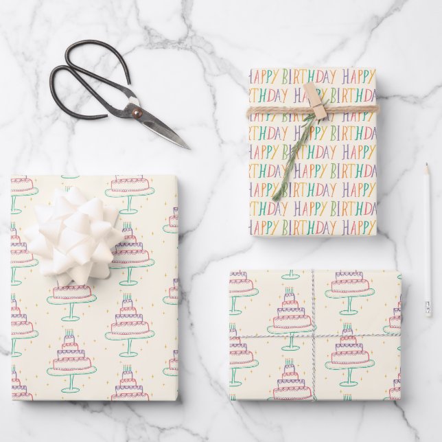 Happy Birthday Cakes Cute Charming Pattern Gift Wrapping Paper Sheet (Front)