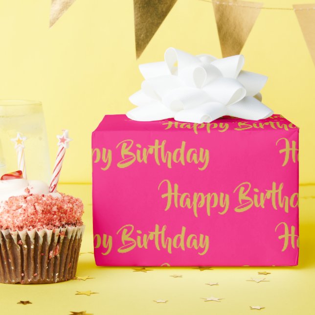 Happy Birthday Calligraphy Font Pattern Pink Gold Wrapping Paper (Birthday Party)