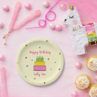 Happy Birthday Candle Colourful Cake Confetti Part Paper Plate