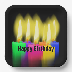 Happy Birthday Candles On Black   Paper Plate