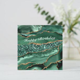 Happy Birthday Card Agate Green Gold Marble