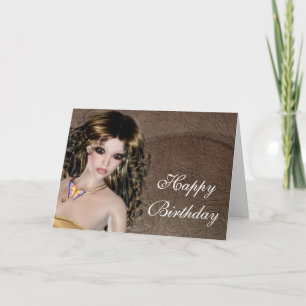 Happy Birthday Card - Brunette Fantasy Woman 1