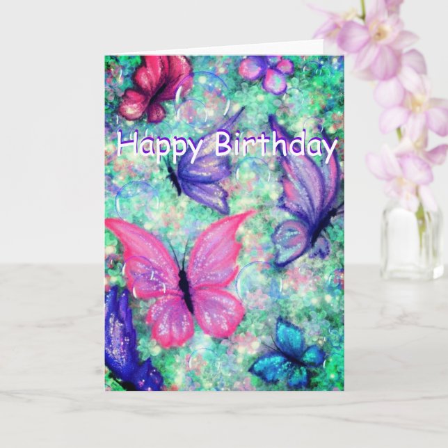 Happy Birthday Card Colourful Butterflies Flying (Orchid)