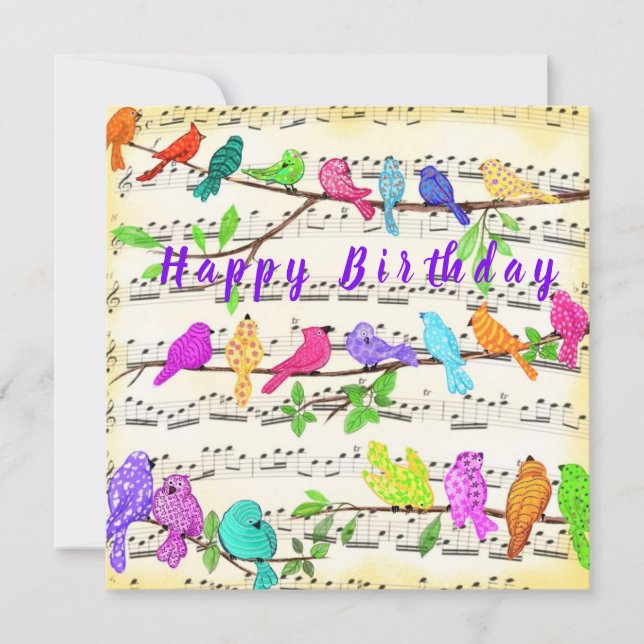Happy Birthday Card Colourful Musical Birds Song  (Front)