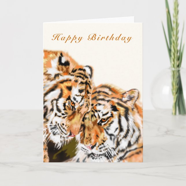 Happy Birthday Card Couple Tigers Hug (Front)