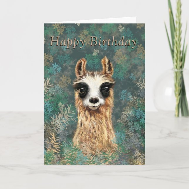 Happy Birthday Card Curious Baby Llama Fun (Front)