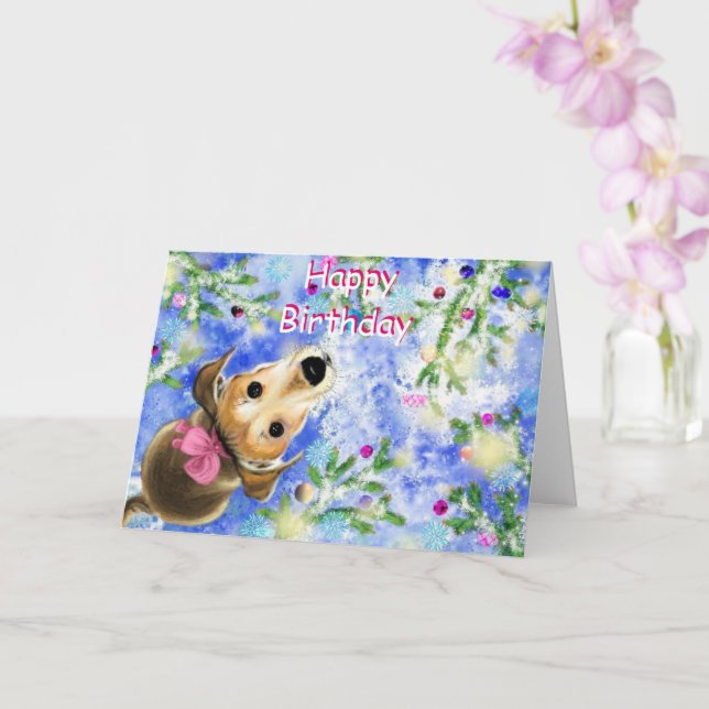 Happy Birthday Card Cute Pet Dog With Pink Ribbon (Orchid)