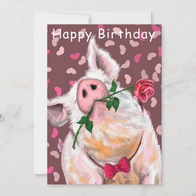 Happy Birthday Card Funny Gentleman Pig with Rose (Front)
