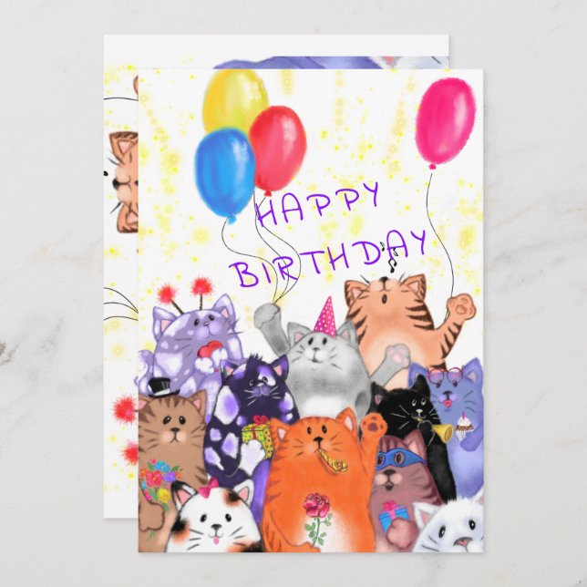 Happy Birthday Card Happy Cat Party Celebration (Front/Back)