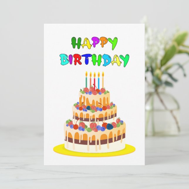 Happy Birthday Card in colourful text with cake  (Standing Front)