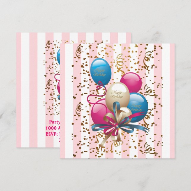 Happy Birthday Card Invitation BalloonsStripe Pink (Front/Back)