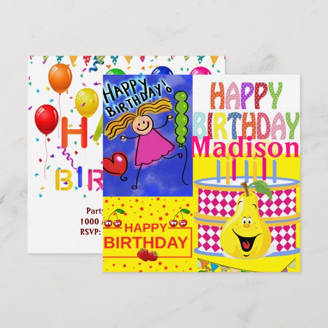 Happy Birthday Card Invitation Cake Pear Fruit (Front/Back)