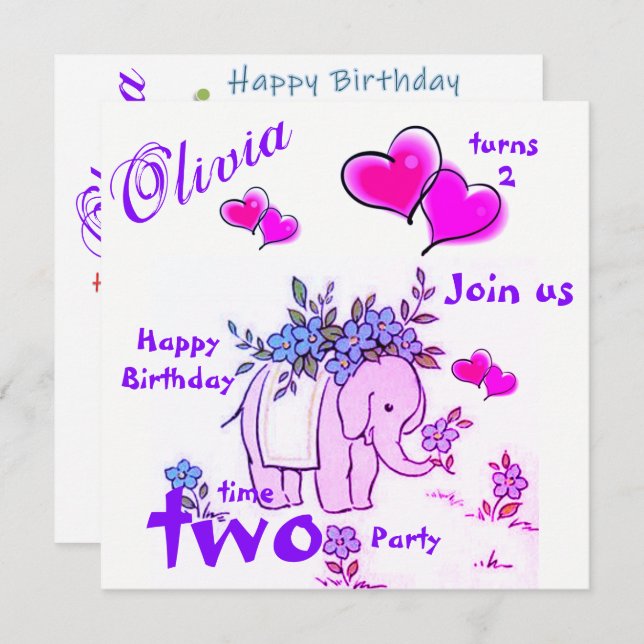 Happy Birthday Card Invitation Elephant (Front/Back)
