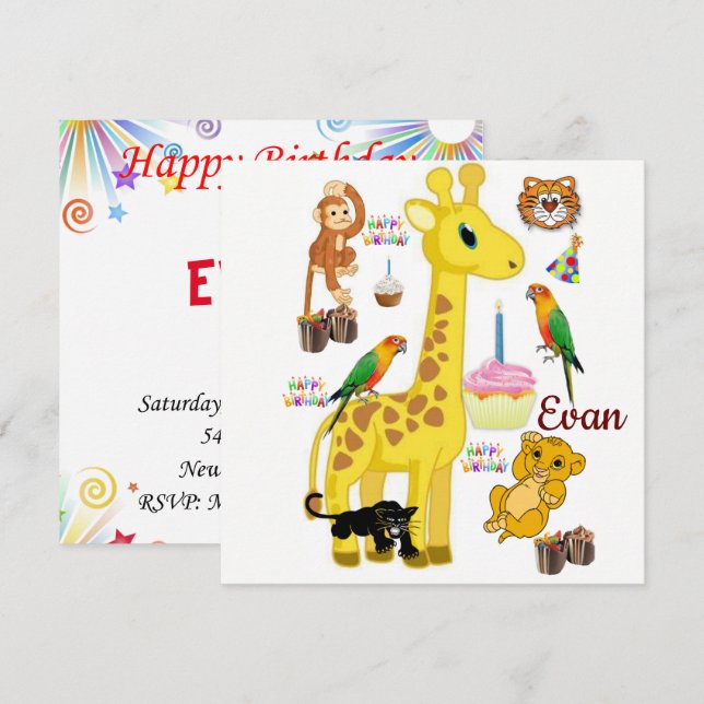 Happy Birthday Card Invitation Giraffe Monkey (Front/Back)