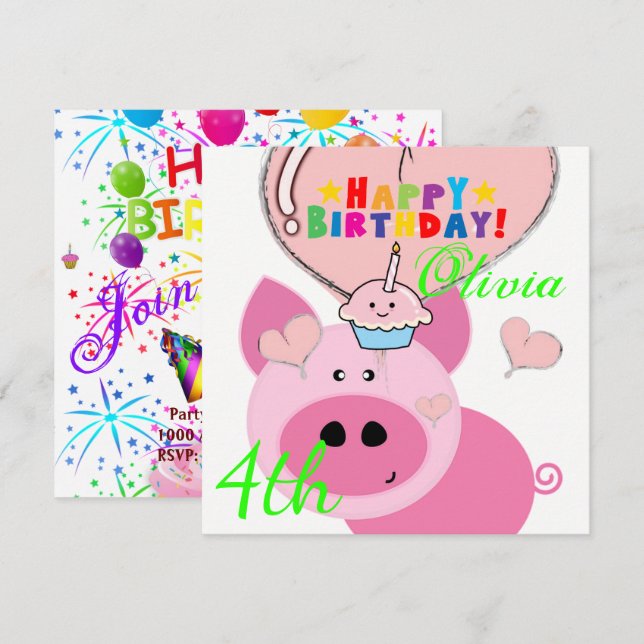 Happy Birthday Card Invitation Pig (Front/Back)