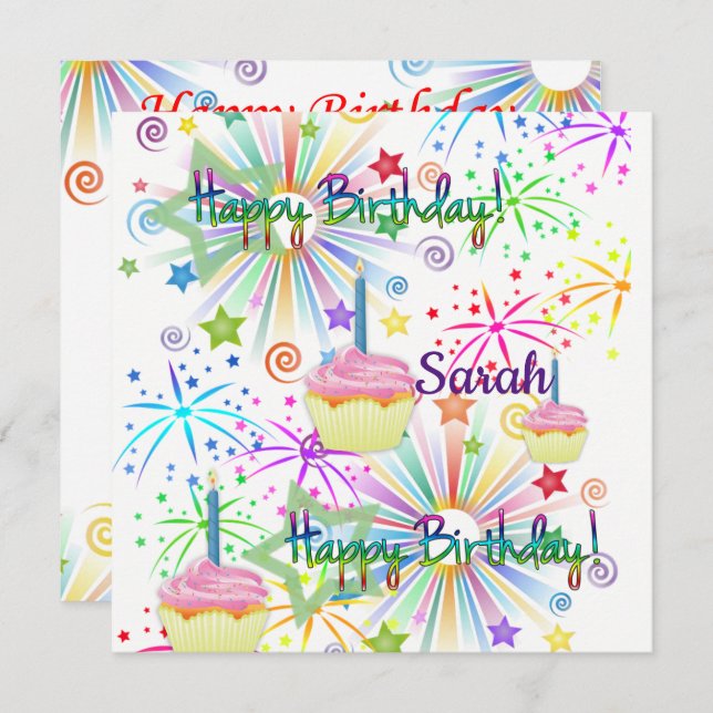 Happy Birthday Card Invitation Pink Cupcake (Front/Back)