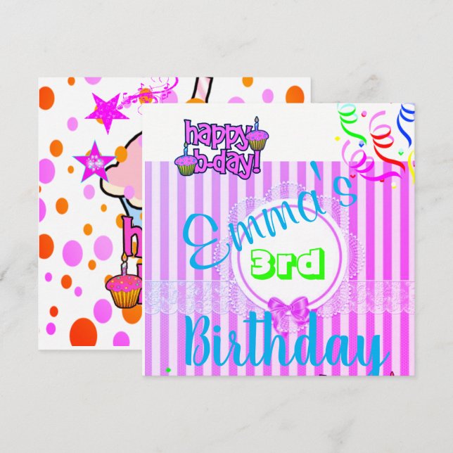 Happy Birthday Card Invitation Purple Stripe Polka (Front/Back)