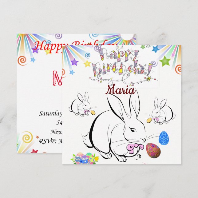 Happy Birthday Card Invitation Rabbit (Front/Back)