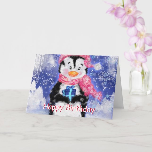 Happy Birthday Card Little Penguin - Winter (Orchid)