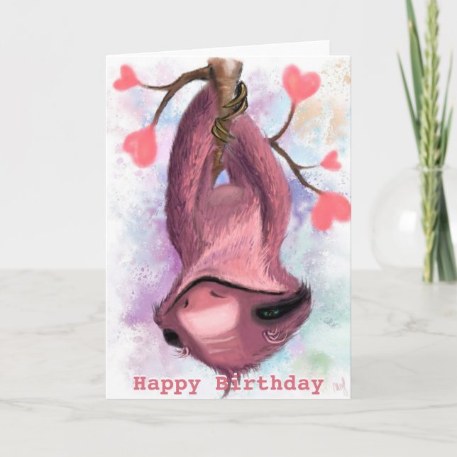 Happy Birthday Card Playful Romantic Sloth (Front)