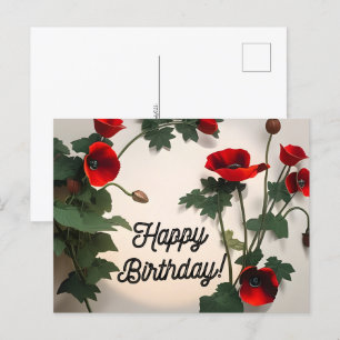 Happy Birthday Card, Poppies flowers,  Postcard
