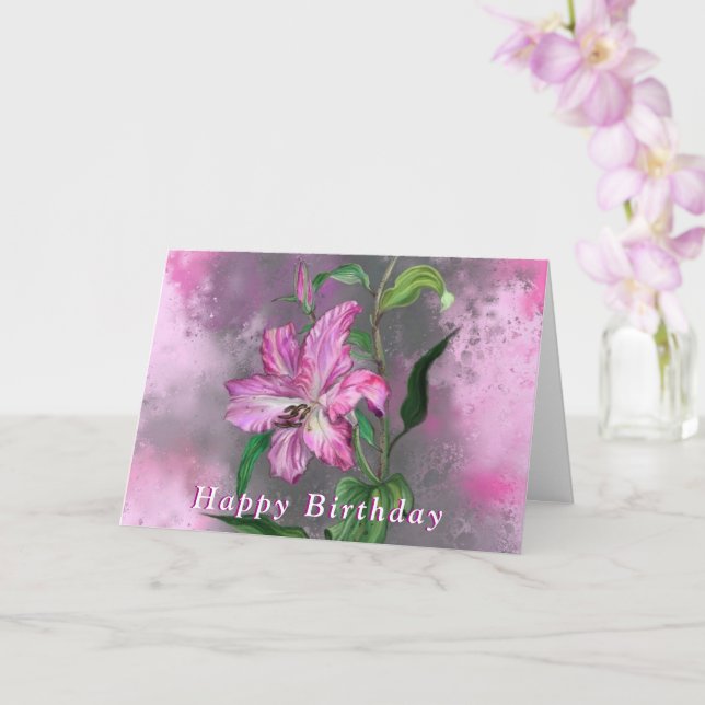 Happy Birthday Card Purple Pink Lily Flowers (Orchid)