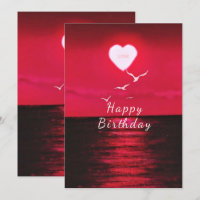 Happy Birthday Card Red Sea Sunset Love Heart Sun