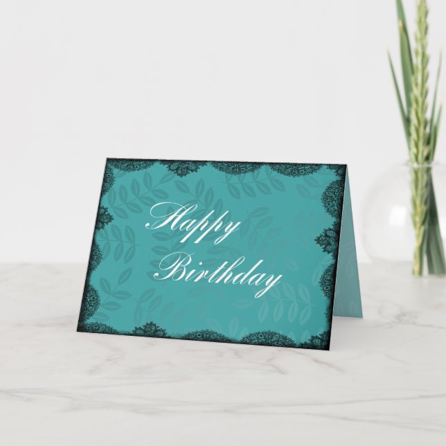 Happy Birthday Card - Teal Vintage Lace (Front)
