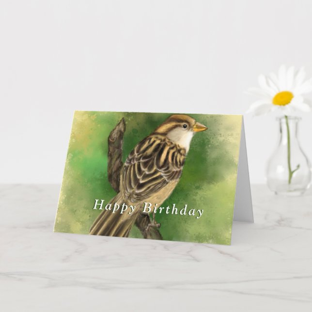 Happy Birthday Card with Cute Sparrow (Small Plant)